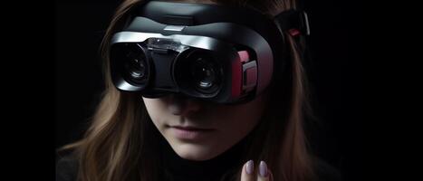 A girl wearing VR box, meta verse concept. photo
