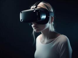 A girl wearing VR box, meta verse concept. photo