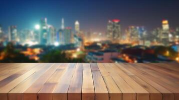 Top of Wooden table with Blurred Bar restaurant background photo