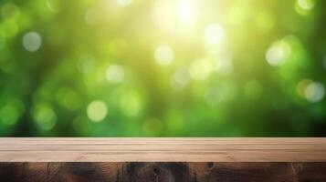 Wood Table Top on Bokeh Abstract Green Background photo