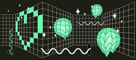 de moda y2k bandera con dimensional psicodélico elementos, estrellas, esferas y portales, de moda retro resumen ilustración. vector