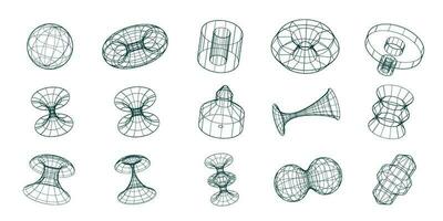 de moda y2k 3d dimensional poligonal modelos, malla cuadrícula geométrico vector objetos.