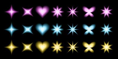 Set of shiny vector objects, design elements, star and heart symbols, y2k aesthetic decorations.