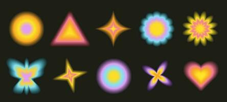 Set of trendy glowing Y2K design elements and symbols, retro objects, 2000s aesthetic group of blurred shapes. vector