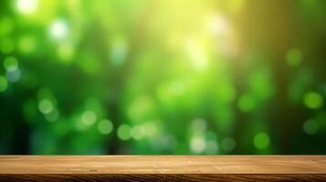 Wood Table Top on Bokeh Abstract Green Background photo