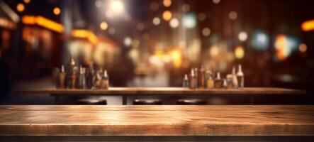 Top of Wooden table with Blurred Bar restaurant background photo