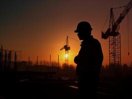 silhouette of construction worker at golden hour. photo