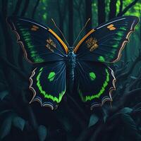 A butterfly with orange and blue wings is on a black background. Illustration of paints. . photo