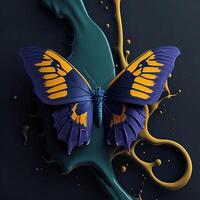 A butterfly with orange and blue wings is on a black background. Illustration of paints. . photo