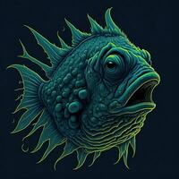 A fish with sharp teeth and a blue body with a black background. Illustration of paints. . photo