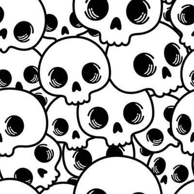 Black and white pattern of human skulls. Funny skull faces. Monochrome ornament. Scary Halloween pattern