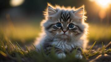 gris gatito gato en un campo de césped con reluciente puesta de sol luz, ai generado foto