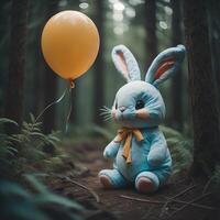 An abandoned bunny doll in the middle of a dark forest, photo