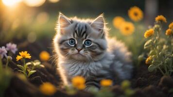 Adorable Kitty Cat in flower garden with beautiful sunset light, photo