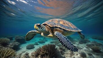 Sea Turtle in the beautiful blue sea, photo