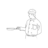 Chef cooking meal. Chef cook preparing food. Line art. Hand drawn vector illustration.