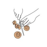 Hands cutting champignon mushrooms with knife. Line art. Hand drawn vector illustration.