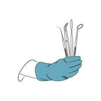 Hand of a dentist in blue gloves that hold dental tools. Line art. Dental health care. Stomatology concept. Vector illustration.