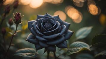 Black Rose Flower with shiny sunset light, photo