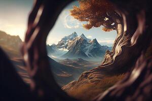 Close up a tree with the mountain Landscapes background. . Digital Art Illustration photo