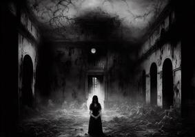 ilustración de el oscuro, misterioso, y tiempo atmósfera dentro un psiquiátrico hospital, ai generado foto