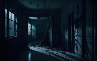 el pasillo de el horror edificio es muy de miedo y fantasma avistamientos detrás el puerta, ai generado foto