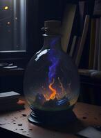 illustration of a potion bottle containing a bonfire spewing flames and blue smoke, photo