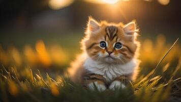 Orange Kitty Cat on a field of grass with shimmering sunset light, photo