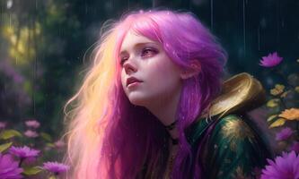 Beautiful pink haired woman crying with flowers around her in the rain, photo