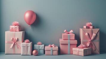 Pile of gifts and balloons in pastel blue studio, photo