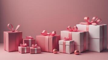 Stack of pink gifts in pink studio, photo