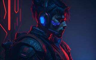 Professional gamer wearing headset with red and blue neon, photo