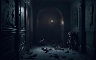 el pasillos en el obsesionado casa son espeluznante, y el visión de un fantasmal niño muñeca, ai generado foto