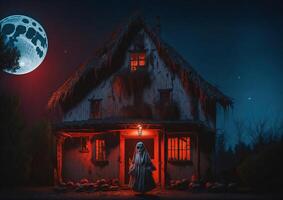 red haunted house with a ghostly apparition in front of the house, photo