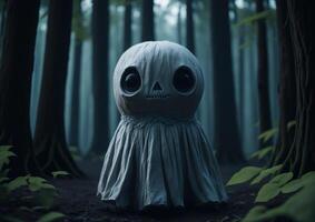 el de miedo fantasma muñeca en el Siniestro bosque, ai generado foto