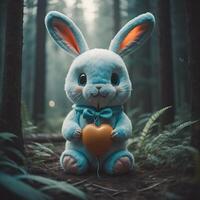 An abandoned bunny doll in the middle of a dark forest, photo