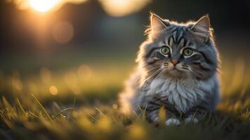 linda gris gato en un campo de césped con reluciente puesta de sol luz, ai generado foto