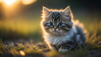 gris gatito gato en un campo de césped con reluciente puesta de sol luz, ai generado foto