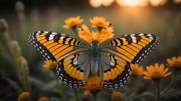 macro Disparo de un mariposa en un flor con el puesta de sol ligero en el fondo, ai generado foto