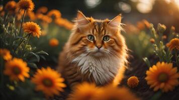 Orange Cat in Flower garden, photo