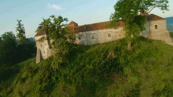 colorida quente ar balões mosca sobre a medieval castelo e lago dentro a manhã névoa. manobrável voo. viagem, aventura, festival. video