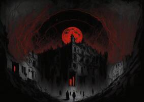 Illustration of a scary building with a red moon in the background, with a creepy and scary atmosphere, photo