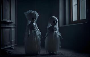 two horror dolls wearing spooky wedding dresses, AI Generated photo