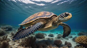 Sea Turtle in the beautiful blue sea, photo