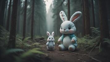 An abandoned bunny doll in the middle of a dark forest, photo