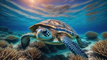 Sea Turtle in the beautiful blue sea, photo