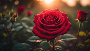 hermosa rojo Rosa con un bokeh antecedentes y hermosa puesta de sol luz, ai generado foto