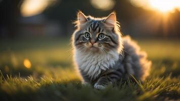 Cute Grey Cat on a field of grass with shimmering sunset light, photo