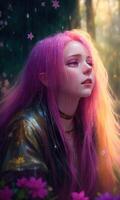 Beautiful pink haired woman crying with flowers around her in the rain, photo