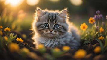 Adorable Kitty Cat in flower garden with beautiful sunset light, photo